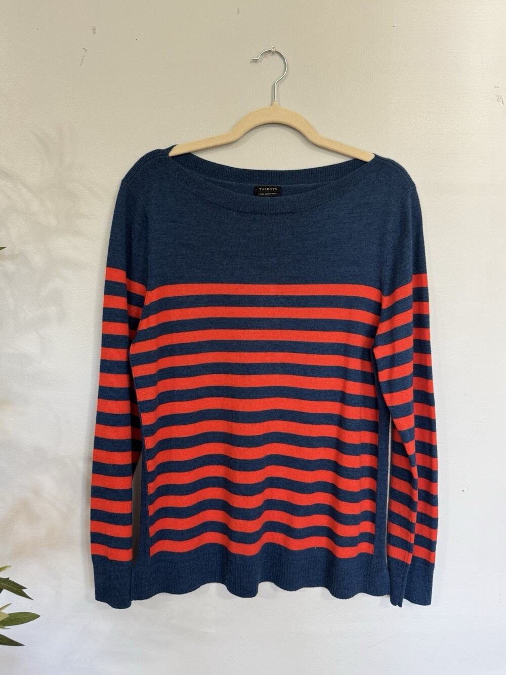 Talbots Pure Merino Wool Sweater Boat Neck Striped Cozy Soft Size XL Preppy